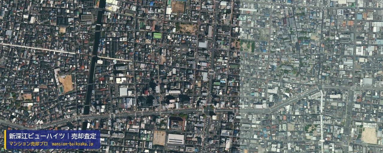 新深江ビューハイツの売却査定・買取価格｜大阪市東成区深江南（マンション売却プロ作成の航空写真（町の中心））