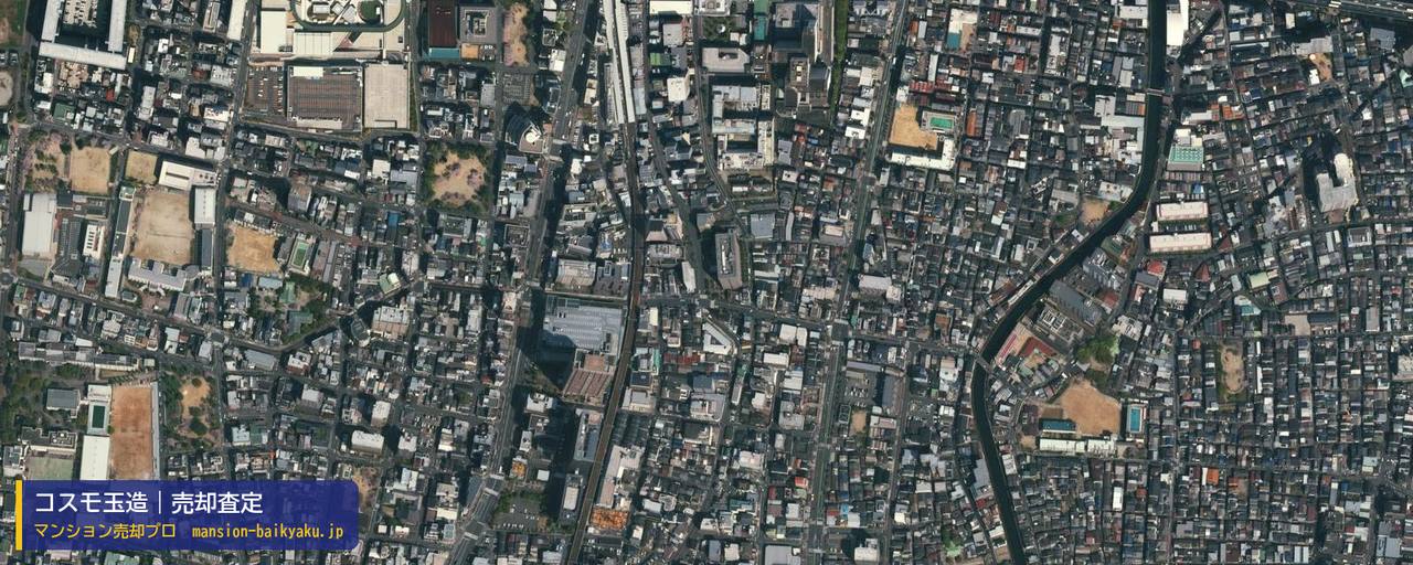 コスモ玉造の売却査定・買取価格｜大阪市東成区中道（マンション売却プロ作成の航空写真（町の中心））