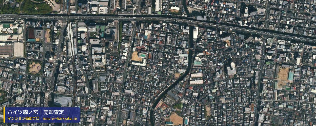 ハイツ森ノ宮の売却査定・買取価格｜大阪市東成区中本（マンション売却プロ作成の航空写真（町の中心））