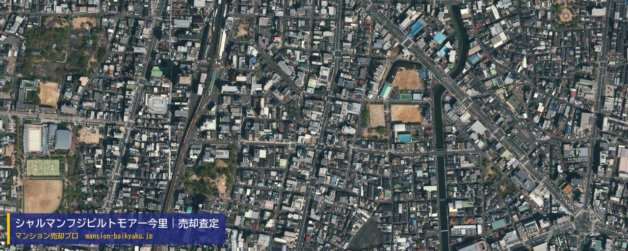 シャルマンフジビルトモアー今里の売却査定・買取価格｜大阪市東成区玉津（マンション売却プロ作成の航空写真（町の中心））