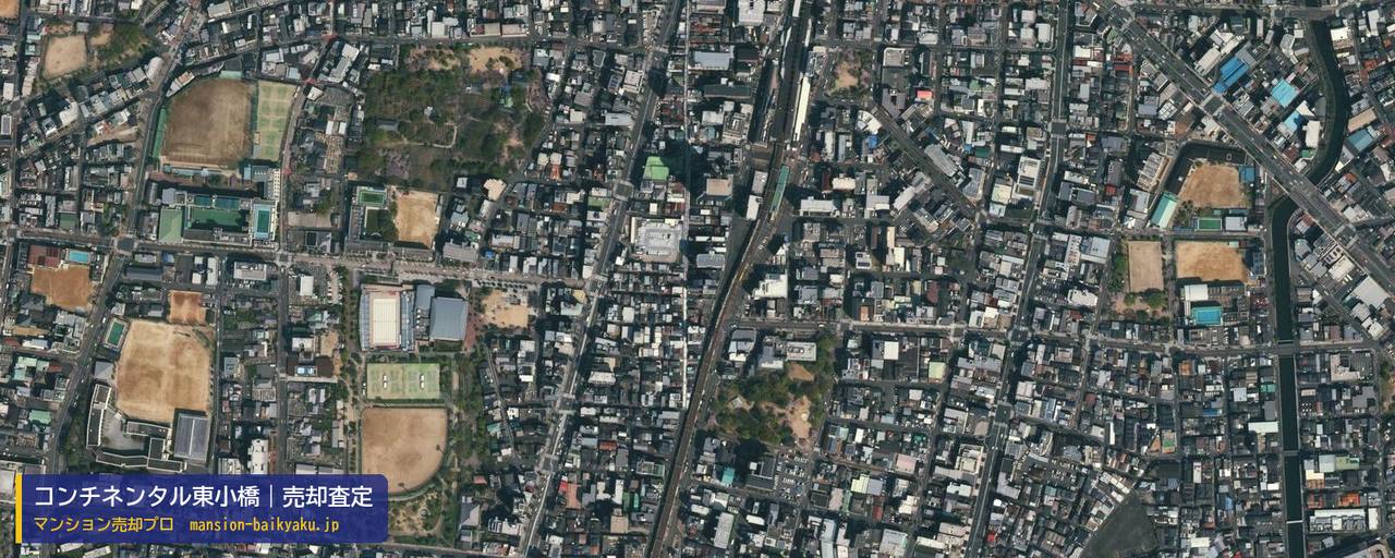 コンチネンタル東小橋の売却査定・買取価格｜大阪市東成区東小橋（マンション売却プロ作成の航空写真（町の中心））