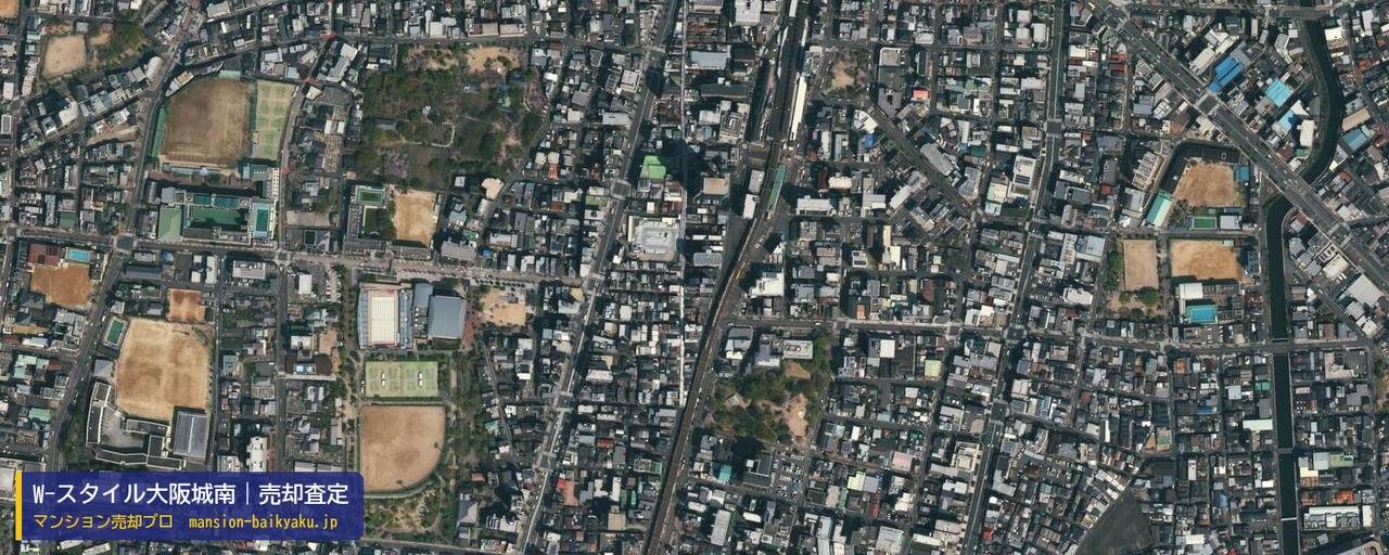 W-スタイル大阪城南の売却査定・買取価格｜大阪市東成区東小橋（マンション売却プロ作成の航空写真（町の中心））
