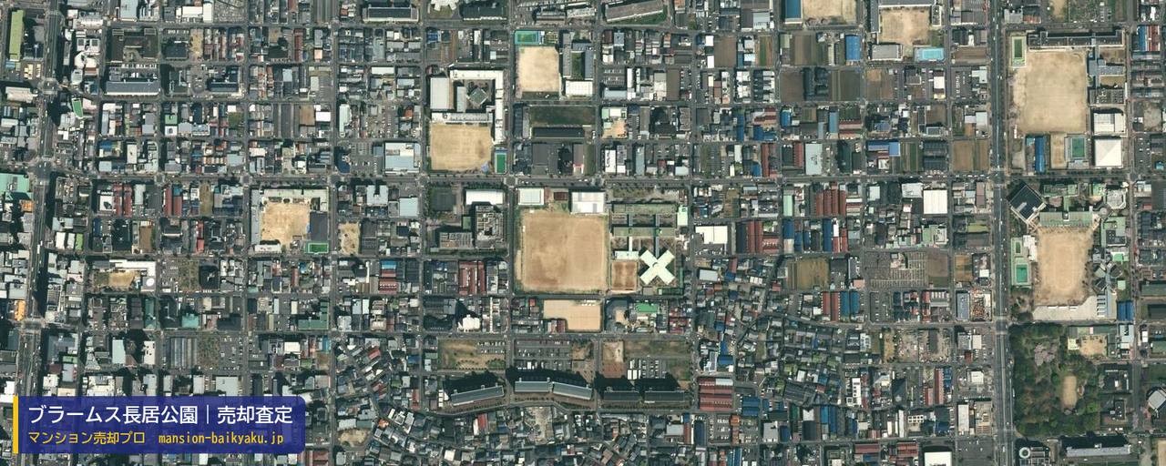 ブラームス長居公園の売却査定・買取価格｜大阪市東住吉区公園南矢田（マンション売却プロ作成の航空写真（町の中心））