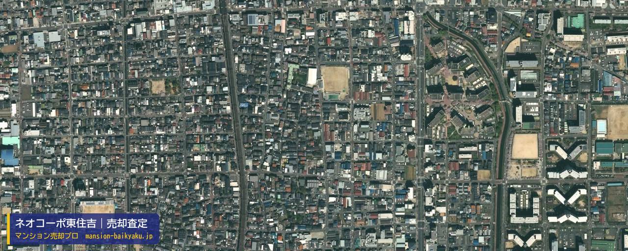 ネオコーポ東住吉の売却査定・買取価格｜大阪市東住吉区湯里（マンション売却プロ作成の航空写真（町の中心））