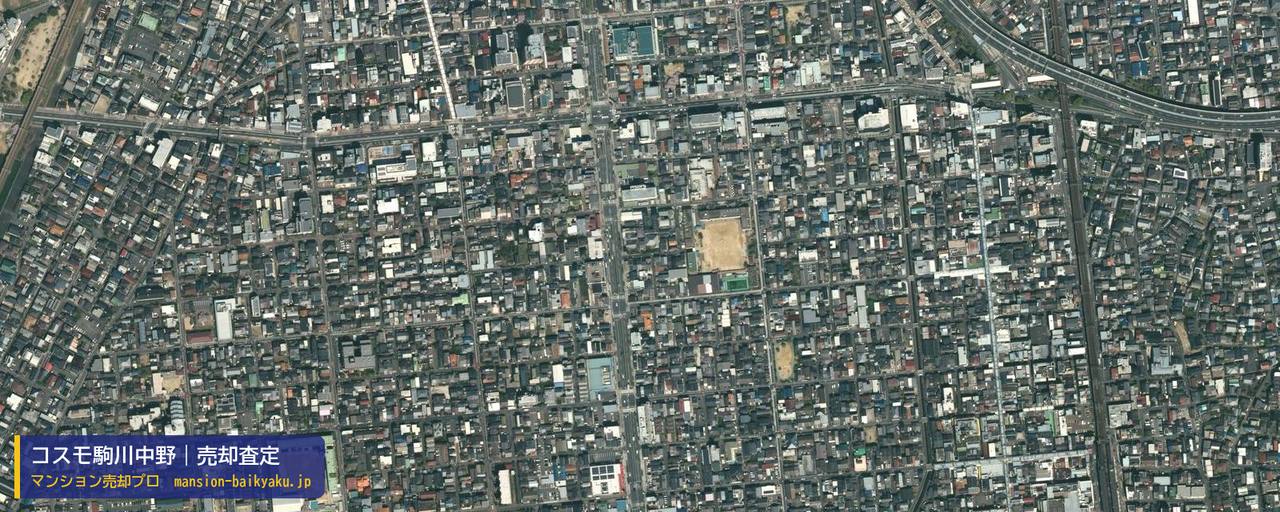 コスモ駒川中野の売却査定・買取価格｜大阪市東住吉区東田辺（マンション売却プロ作成の航空写真（町の中心））