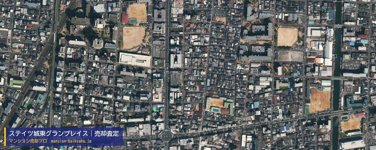 ステイツ城東グランプレイスの売却査定・買取価格｜大阪市城東区今福西（マンション売却プロ作成の航空写真（町の中心））