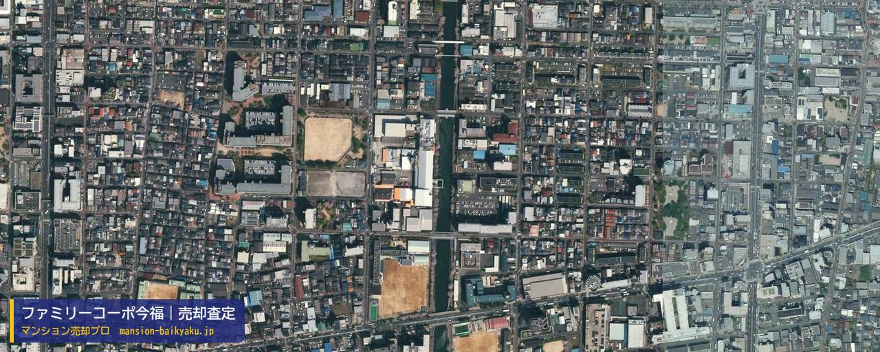ファミリーコーポ今福の売却査定・買取価格｜大阪市城東区今福東（マンション売却プロ作成の航空写真（町の中心））