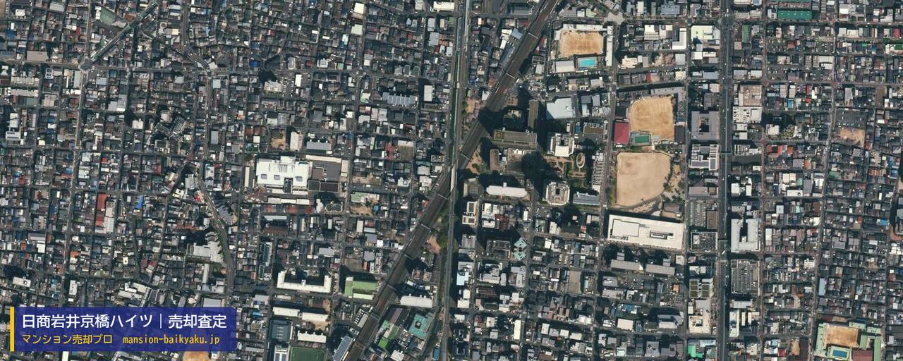 日商岩井京橋ハイツの売却査定・買取価格｜大阪市城東区中央（マンション売却プロ作成の航空写真（町の中心））
