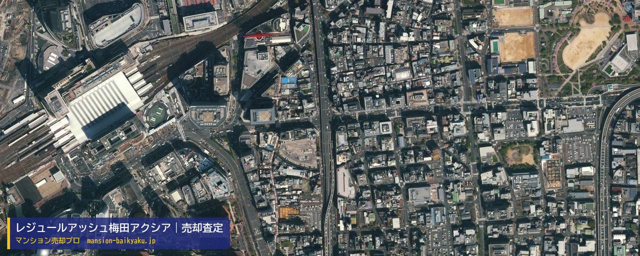 レジュールアッシュ梅田アクシアの売却査定・買取価格｜大阪市北区太融寺町（マンション売却プロ作成の航空写真（町の中心））