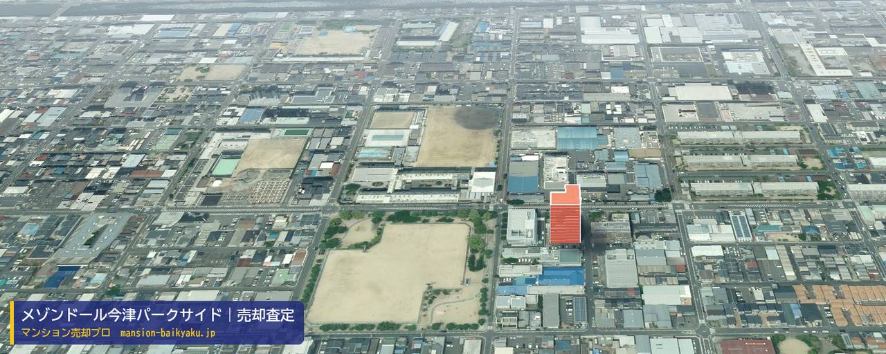メゾンドール今津パークサイドの売却査定・買取価格｜大阪市鶴見区今津中（マンション売却プロ作成の建物を立体で示した航空写真）