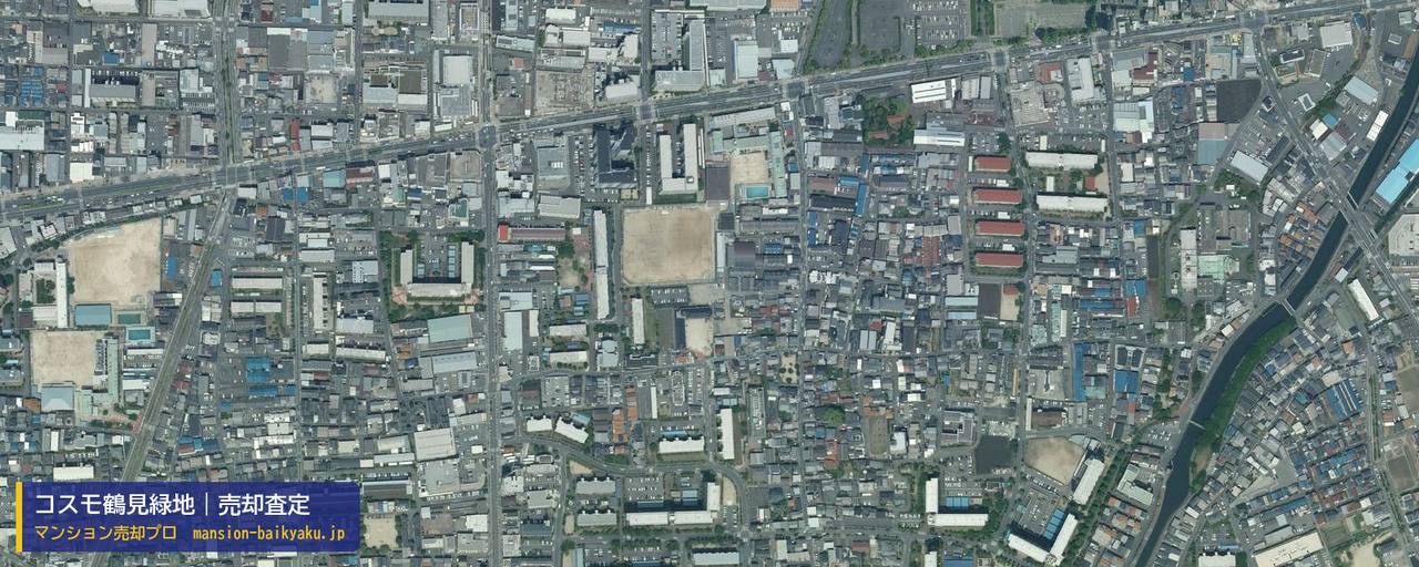 コスモ鶴見緑地の売却査定・買取価格｜大阪市鶴見区諸口（マンション売却プロ作成の航空写真（町の中心））