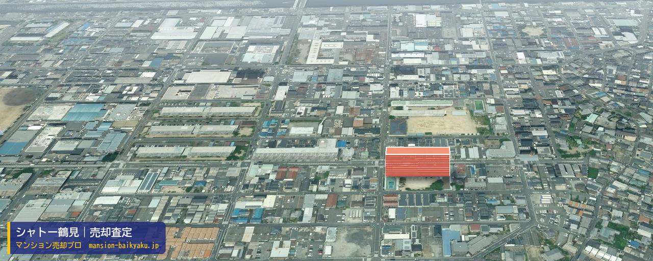 シャトー鶴見の売却査定・買取価格｜大阪市鶴見区今津中（マンション売却プロ作成の建物を立体で示した航空写真）