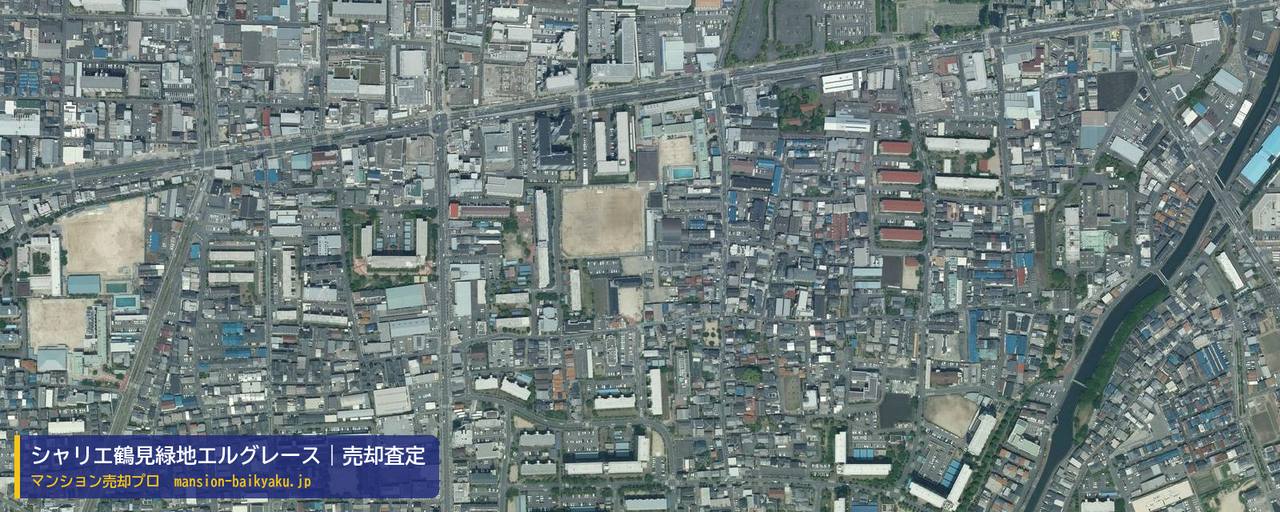 シャリエ鶴見緑地エルグレースの売却査定・買取価格｜大阪市鶴見区諸口（マンション売却プロ作成の航空写真（町の中心））