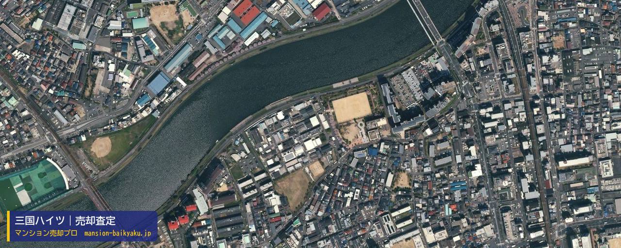三国ハイツの売却査定・買取価格｜大阪市淀川区新高（マンション売却プロ作成の航空写真（町の中心））