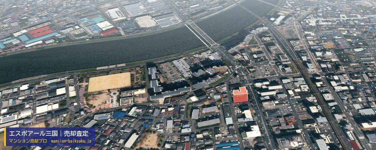 エスポアール三国の売却査定・買取価格｜大阪市淀川区新高（マンション売却プロ作成の建物を立体で示した航空写真）